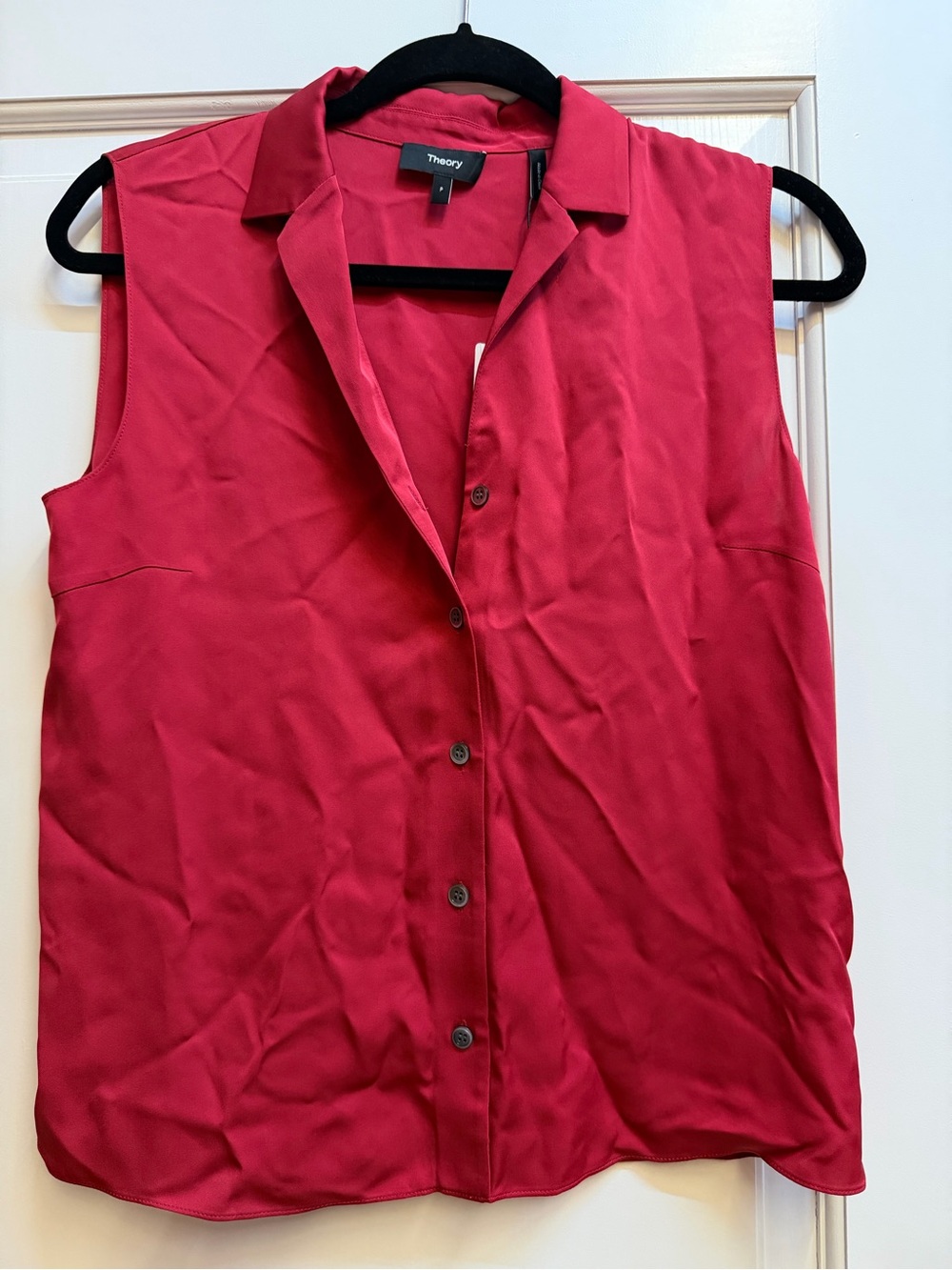 Theory Sleeveless Button-Down Top in Raspberry Red